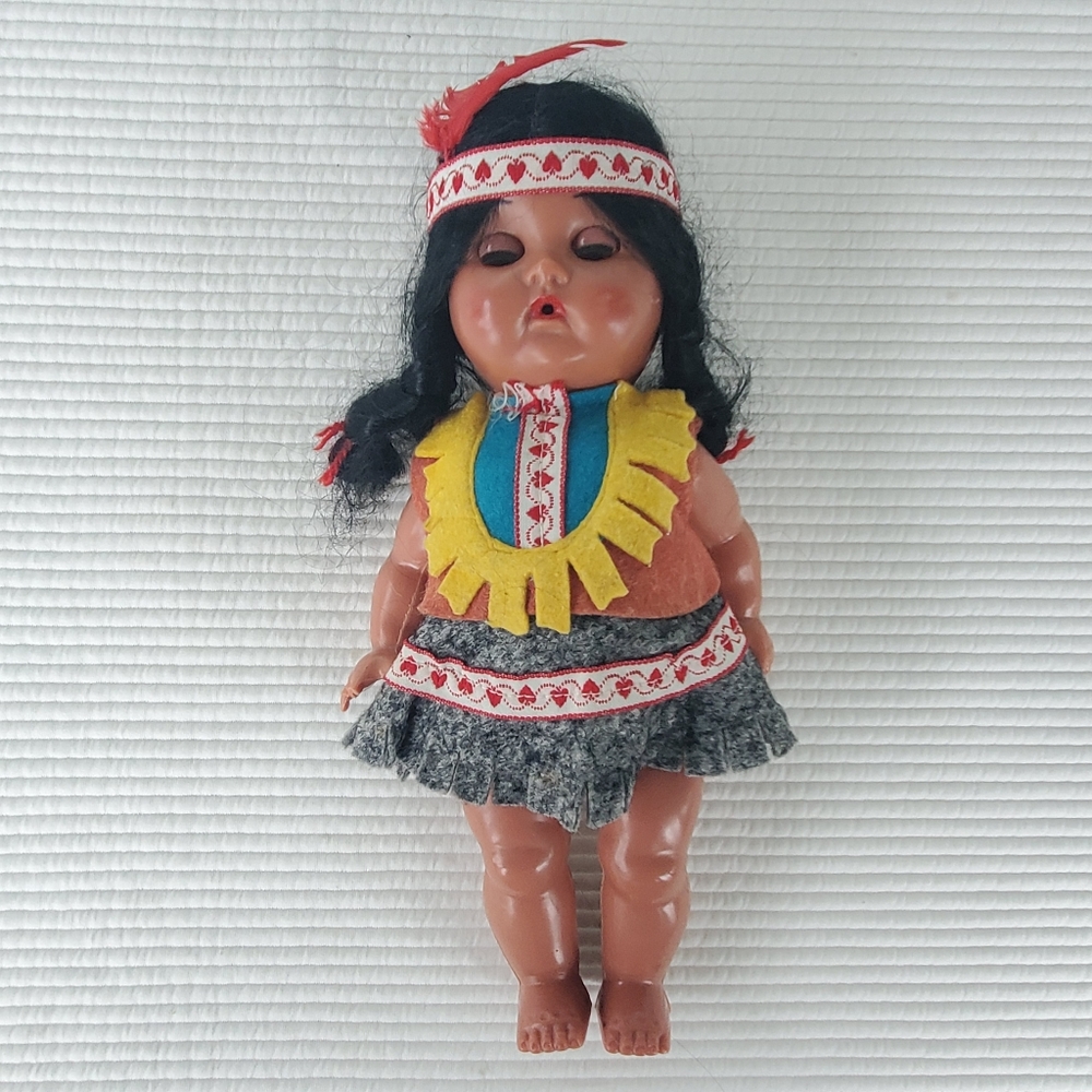 Native American Baby Doll Hard Plastic Moveable Posable Limbs Clothed Vintage